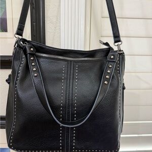 Montana West CONCEALED CARRY Large PU Leather Black Studded Shoulder Bag.